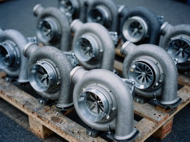 Used turbochargers on a wooden pallet, gritty texture, overcast daylight, 35mm film
