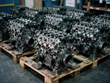 Pallet of clean used car engines in a professional warehouse, low-key industrial lighting, desaturated steel tones, 35mm film