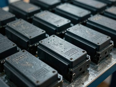 Close-up of used car ECU modules stacked neatly on a workbench, industrial documentary photography, steel tones