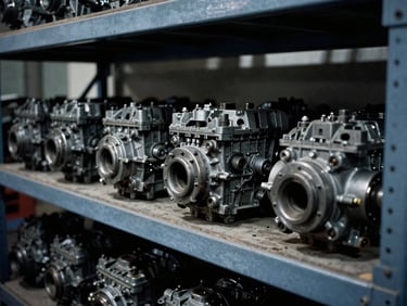 Row of used gearboxes on heavy industrial metal shelves, dramatic high-contrast shadows, 35mm film