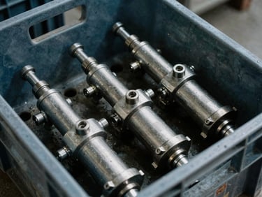 Used diesel common rail injectors arranged in a plastic crate, low-key industrial lighting
