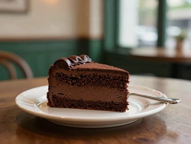 A slice of rich chocolate cake on a cream plate next to a small fork, soft indoor glow, cozy cafe background