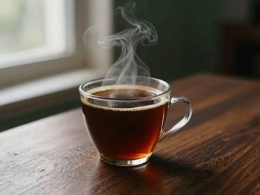A steaming cup of pour-over coffee sitting on a dark wooden table, rich coffee brown tones, soft morning window light, shallow depth of field