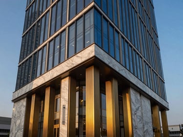 Architectural detail of Signature Global Titanium SPR, showcasing premium materials like marble and brass in a modern Gurugram high-rise lobby, crisp daylight, sharp focus, deep blues and warm gold accents