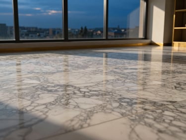 Interior detail of a builder floor living room, showing premium marble flooring and brass accents under crisp daylight, wide-angle lens, sharp focus