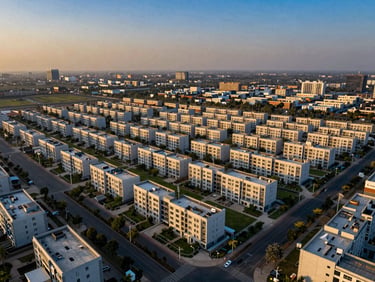 Aerial view of a planned residential plot development in Gurugram at golden hour, low horizon, emphasizing structured grid alignments and green spaces, wide-angle lens, sharp focus