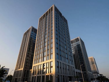 Wide-angle view of M3M Capital complex, modern commercial architecture, clean lines, high-contrast daylight, Gurugram city context.