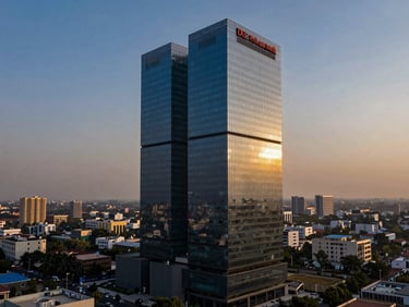 High-angle architectural exterior of DLF Privana North, modern high-rise, glass facades, dramatic daylight, Gurugram skyline in background.