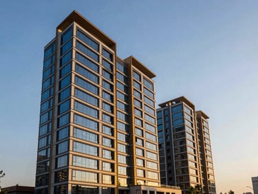 Wide-angle view of Smart World One DXP, a sleek residential complex in Gurugram, with crisp daylight, emphasizing structural lines and glass facades, deep blues and warm gold accents