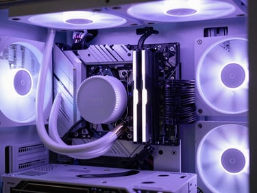 Macro shot of a pristine PC build with custom water cooling, diffused white and purple LED lighting