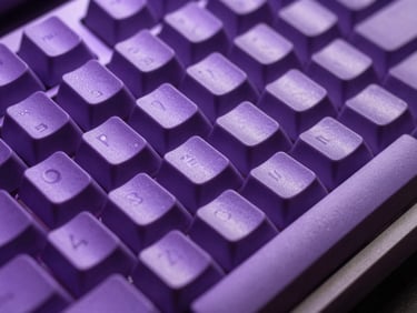 Close-up of a custom keyboard with custom keycaps, soft purple ambient lighting, high texture detail
