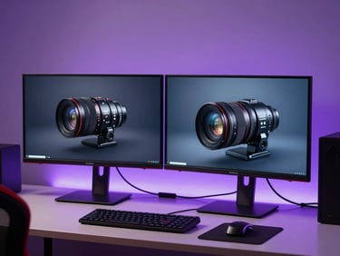 Dimly lit gaming setup with dual monitors, clean cable management, soft violet backlighting casting shadows