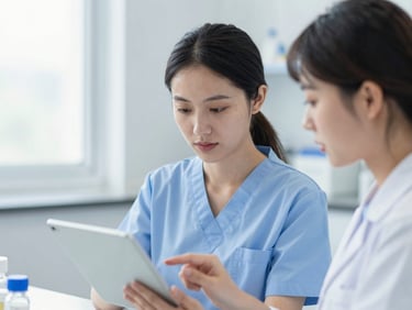 Eye-level medium close-up of a focused nursing student analyzing drug interactions on a tablet in a bright, clean clinical lab, cool blue tones, soft natural daylight.