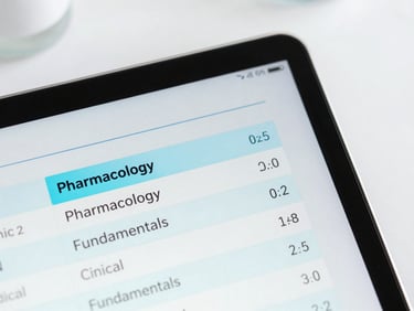 A close-up of a tablet screen showing personalized study recommendations, with clinical categories like Pharmacology and Fundamentals highlighted, bright clean studio lighting.