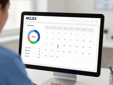 A direct screenshot of a clean nursing student dashboard with colorful progress rings, study streak calendar, and an NCLEX readiness meter, soft daylight.