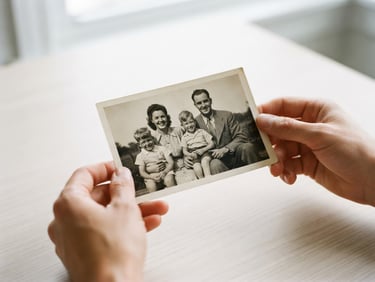 A close-up of hands holding a restored black-and-white family photograph over a clean white desk, soft natural daylight illuminating the paper texture.