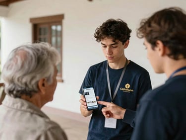 A young volunteer showing a digital newsletter layout on a smartphone to an older clan committee member inside a heritage building.