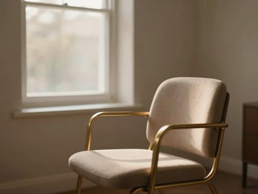 Soft-focus shot of a serene counseling room with warm natural light, empty chair facing a window, shallow depth of field, muted earth tones and gold accents.