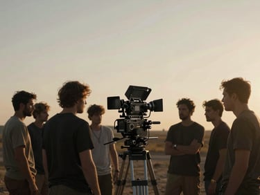 Production set with cinematic lighting, crew silhouettes, warm muted earth tones, 35mm