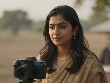 Soft-focus environmental portrait of Prajiya founder filming a video, warm natural light, shallow depth of field