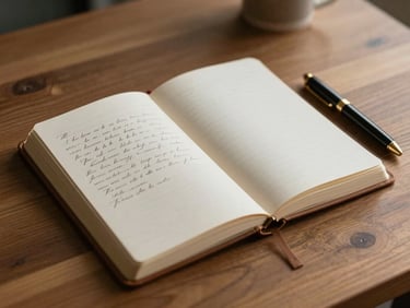 Open leather-bound notebook with elegant serif script on a wooden desk, soft natural light, a pen resting beside it, muted earth tones.