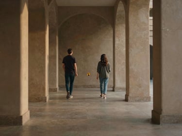 Film still from an independent feature, two figures in a quiet architectural space, dramatic lighting, soft shadows