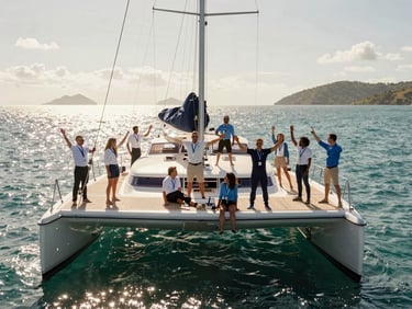 Joyful corporate team enjoying a sunny day on a catamaran boat in Barra do Cunhaú, sparkling water.