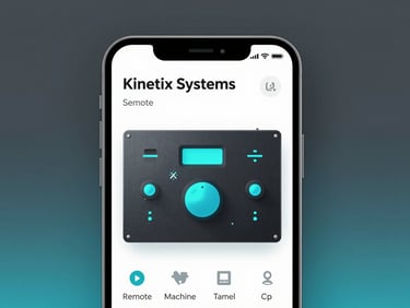 Clean UI mockup of a Kinetix Systems mobile app interface for remote machine control, cool studio lighting, electric cyan accents, sharp focus