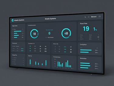 Clean UI mockup of a Kinetix Systems dashboard showing real-time machine telemetry data, cool studio lighting, electric cyan accents, sharp focus