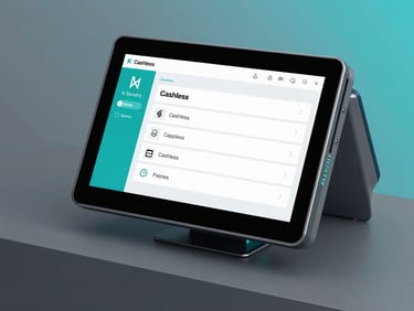 Clean UI mockup of a Kinetix Systems payment terminal screen showing cashless transaction options, cool studio lighting, electric cyan accents, sharp focus