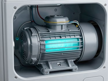 High-fidelity technical render of an advanced inverter drive motor within a commercial washing machine, showing intricate wiring and components, subtle electric cyan glow, cool studio lighting, sharp focus.