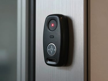 An electronic keyless entry reader with a subtle red LED indicator, mounted on a modern brushed aluminum frame door.