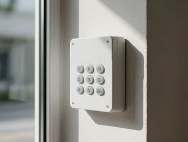 A clean, minimalist white security alarm keypad mounted on an interior wall next to a glass entryway, natural side light.