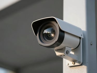 Close-up of a high-definition security camera lens reflecting bright daylight, mounted on a clean grey metal pillar, sharp focus.