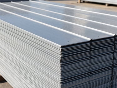 Close-up of stacked color-coated roofing sheets in an industrial warehouse, bright natural daylight, high contrast, sharp focus