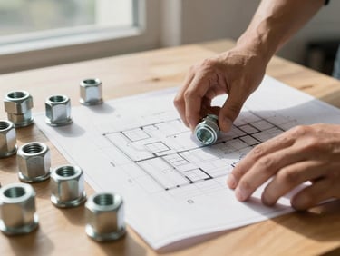 Close-up of hands reviewing architectural blueprints next to steel pipe fittings on a wooden table, natural window light, sharp focus