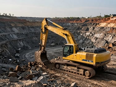 Wide environmental shot of a deep-pit mining excavator operating under dramatic low-sun lighting.