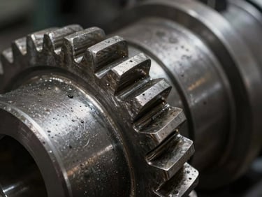 Extreme macro close-up of a massive steel industrial gear with precision teeth, dramatic high-contrast side lighting, gritty texture
