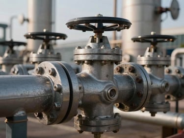 Precision close-up of high-pressure refinery piping and steel valves, natural high-contrast light.