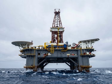 Wide environmental shot of an offshore drilling rig in harsh, stormy seas, heavy industrial scale.