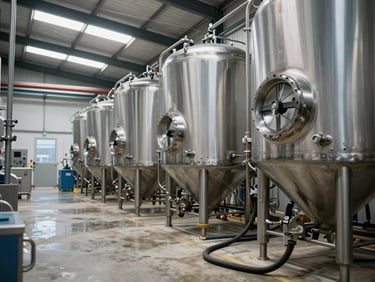Brewery production floor with stainless steel fermentation tanks, hoses and cleaning equipment visible on concrete floor, industrial daylight from skylights above