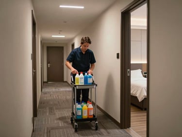 Wide shot of a hotel corridor during housekeeping turnover, cleaning cart with chemical bottles visible, overhead fluorescent lighting, freshly made beds visible through open room door