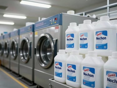 Commercial laundry bleach containers stacked beside industrial washing machines in a large laundry facility, fluorescent overhead lighting, no people