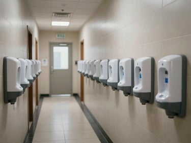 Rows of sanitizer dispensers mounted on a tiled wall in a hotel back-of-house corridor, natural daylight from end of corridor, empty hallway showing operational scale