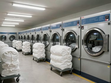 Commercial laundry room with rows of industrial washing machines in operation, white linen bundles on trolleys, fluorescent overhead lighting, wide environmental framing showing scale