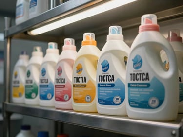 Close-up of professional detergent bottles lined on a stainless steel shelf in an industrial kitchen, overhead fluorescent light, labels facing forward