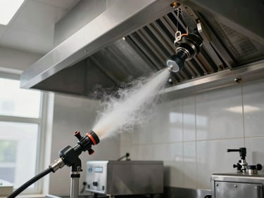 Industrial degreaser spray being applied to a commercial kitchen hood, wide shot showing the scale of the equipment, daylight from a side window