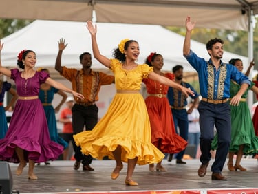 Group of diverse dancers in vibrant costumes performing on a community stage, captured mid-movement, joyful expressions, warm inviting light, dynamic action shot.