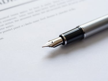Macro detail of a fountain pen resting on a crisp, structured contract document, bright neutral daylight, clean architectural lines, desaturated corporate blues, 35mm