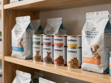 A bright, clean shot of veterinary prescription diet cans and dry food bags arranged neatly on a wooden shelf, soft morning light from the side, warm clinical tone.
